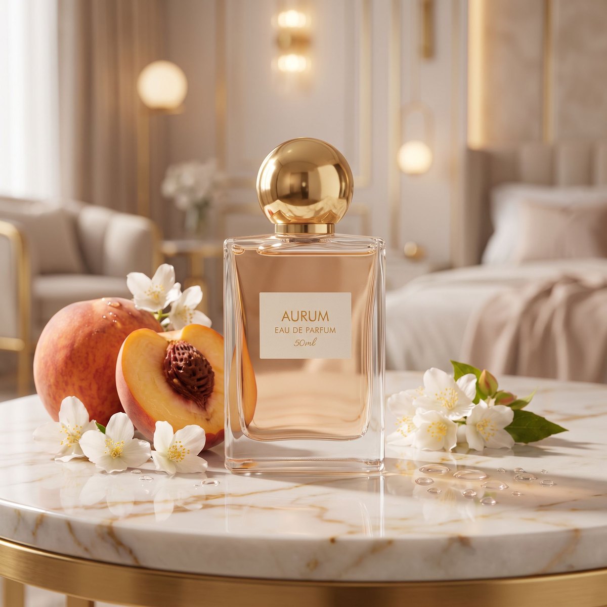 Das Parfüm auf einem Marmortisch in einem eleganten Interieur mit goldenen Akzenten