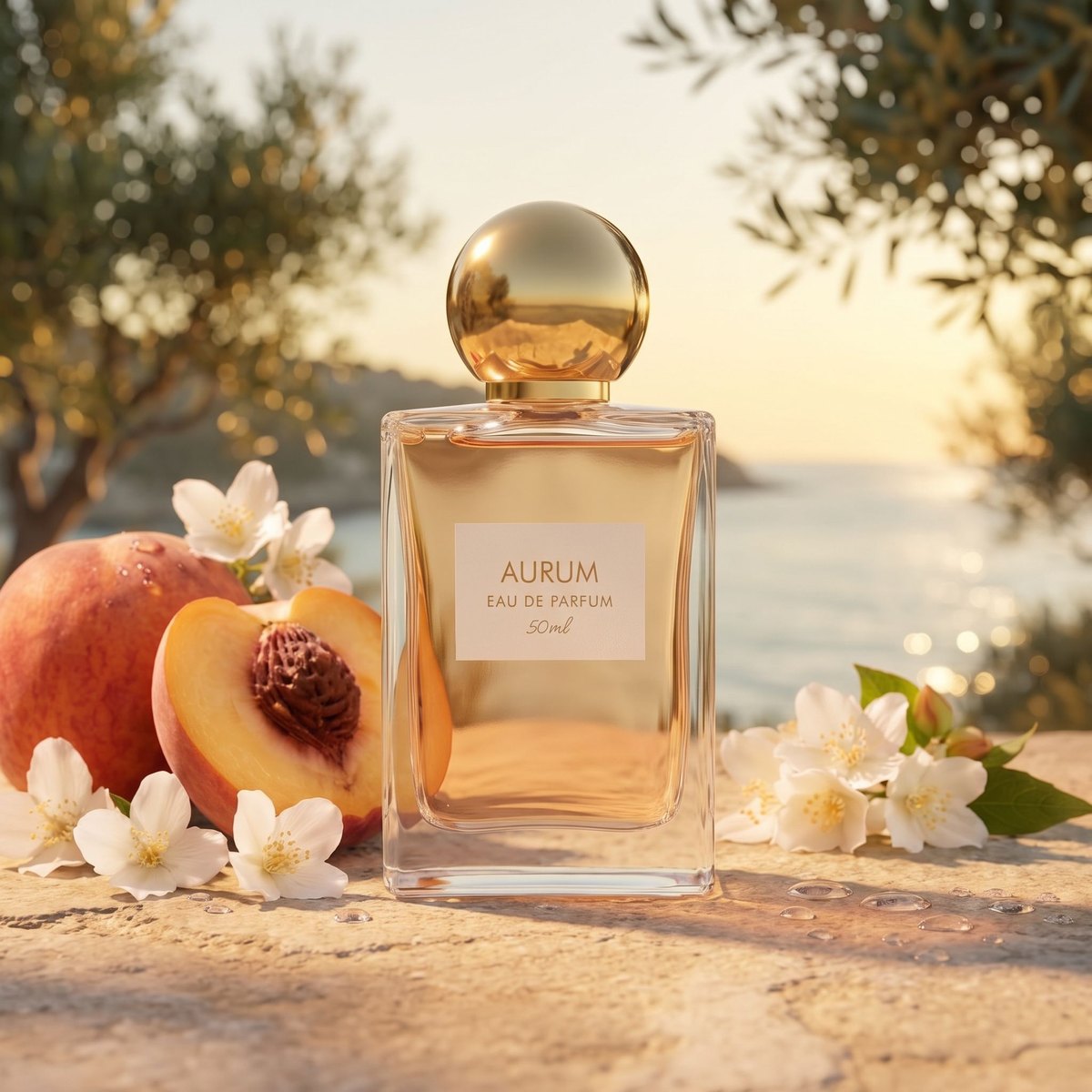 Derselbe Flakon mit Pfirsichen und Blüten auf einer sonnigen mediterranen Terrasse am Meer